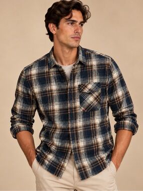 Manfinity Navy Brown Plaid Flannel Shacket Shirt Jacket M